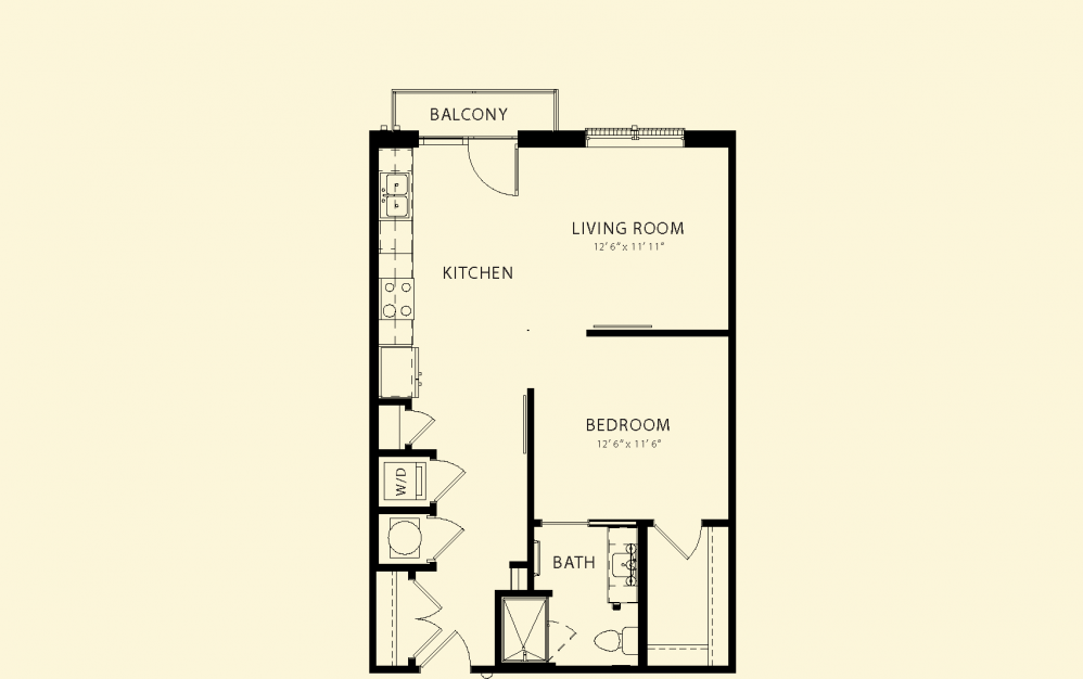 Floor plan for 1 bed, 1 bath, 704 sqft